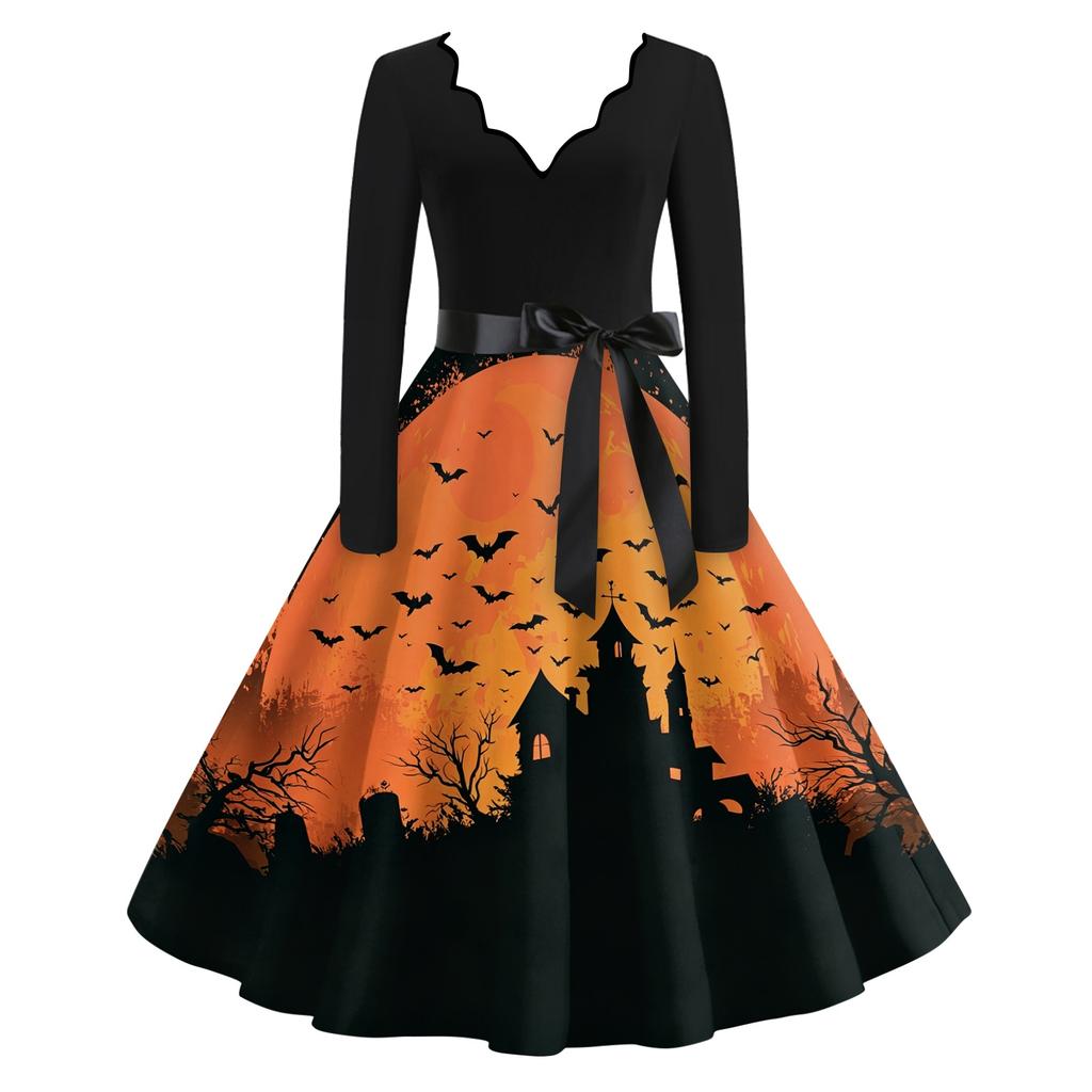 Women's Casual V-Neck Long Sleeve Halloween Print Retro Dress