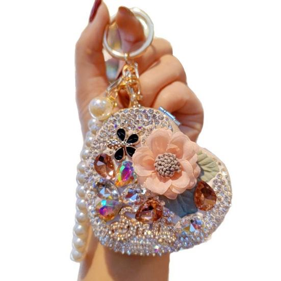 Складная зеркальце-брелок Женское портативное зеркало для макияжа Цепочка из страз и искусственного жемчуга Блестящий зеркальный кулон для подкрашивания Сумка 6