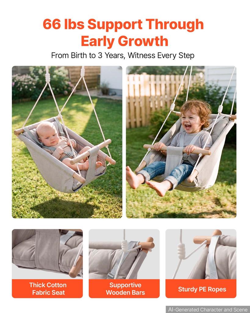VEVOR Baby Swing 30 kg Weight Capacity 3 Modes Canvas Hammock Swing Gray, for Indoor and Outdoor, 5-Point Harness and Tree Straps