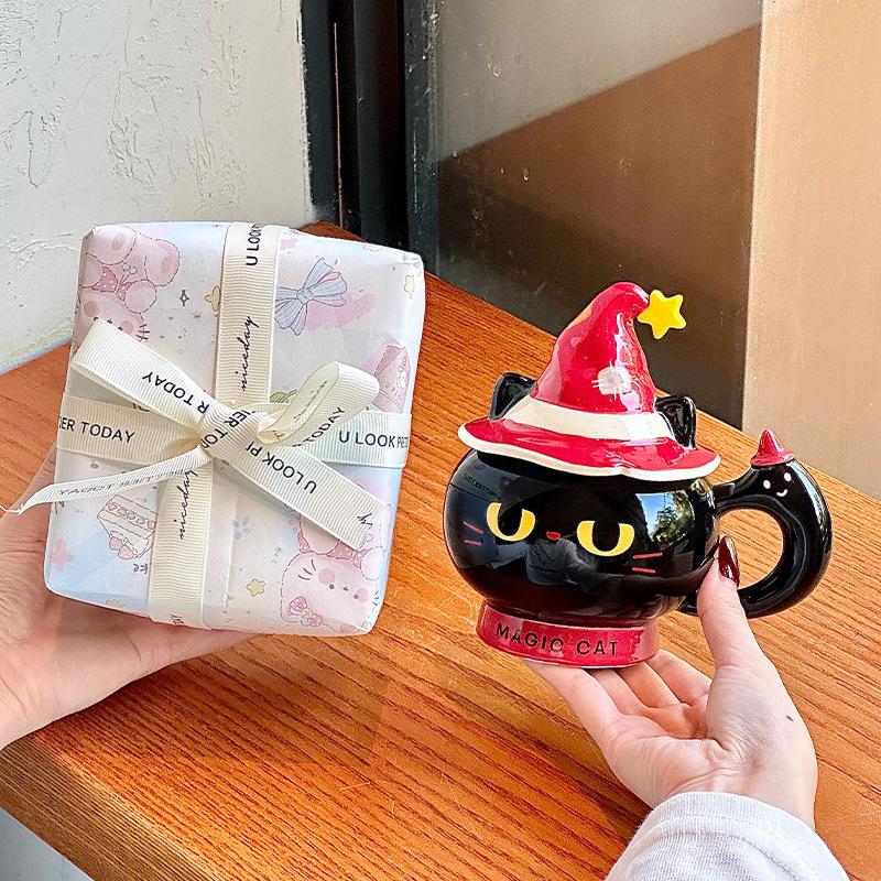 Creative Halloween gift magic hat cat ceramic mug with lid for girls practical mug souvenir gift box