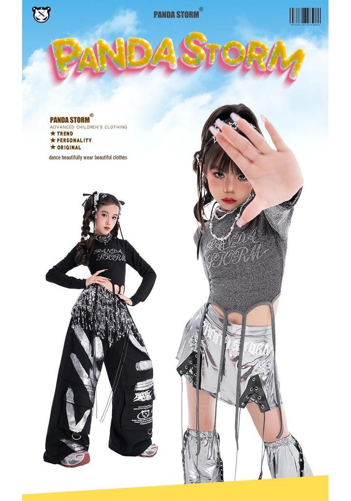 Girls' Sparkly Jazz Dance Long-Sleeve Outfit: Fashionable Street Dance T-shirt & Pants Set