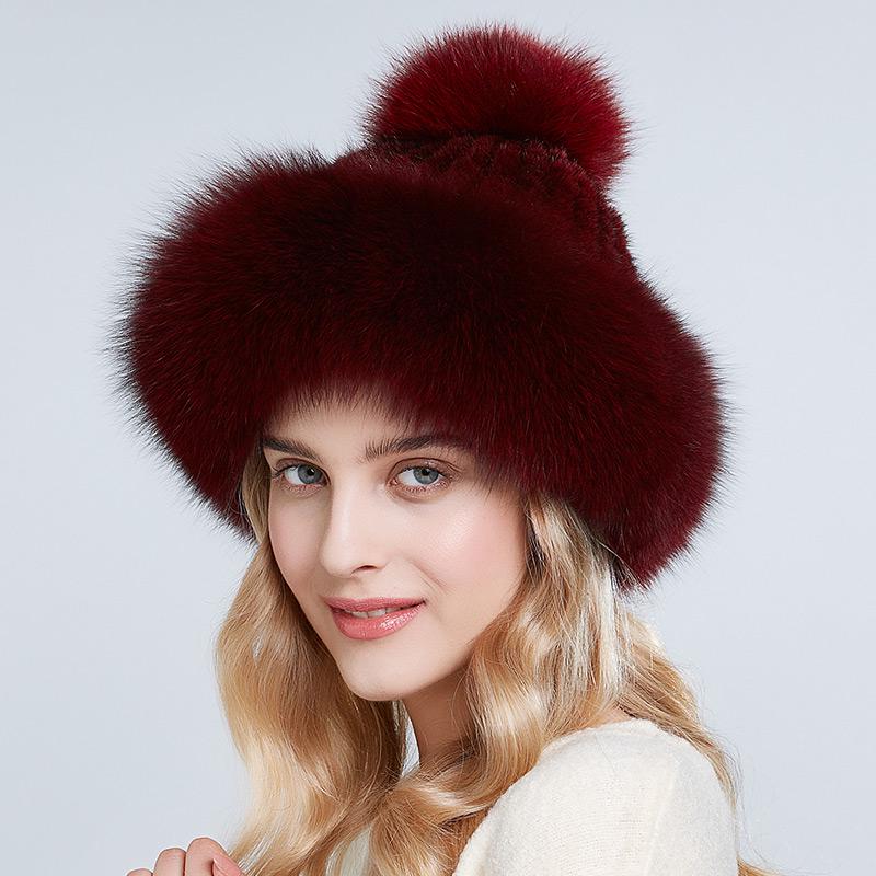 Genuine Mink Fur Beanie Hat Winter Womens Fox Brim Hats Thick Warm Fox Fur Caps With Pompom Fashion Fur Knit Beanies