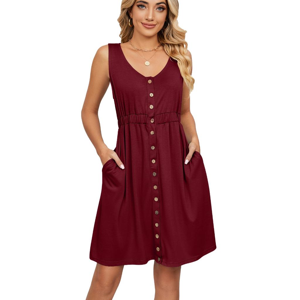 Solid Color Sleeveless Waist-tied Dress, Button Pocket Crew Neck Split Midi Dress, Spring Summer Casual Dress for Women Europe America Cross Border