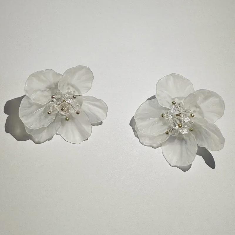 Exaggerated Korean-Style Crystal Flower Petal Earrings - Elegant White Fairy Design for Women