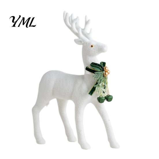Exquisite Three Dimensional Ornaments White Flocked Elk Ornament, Ribbon Bell Decor 3D Standing Deer Christmas Season Home Figurine, Decorative