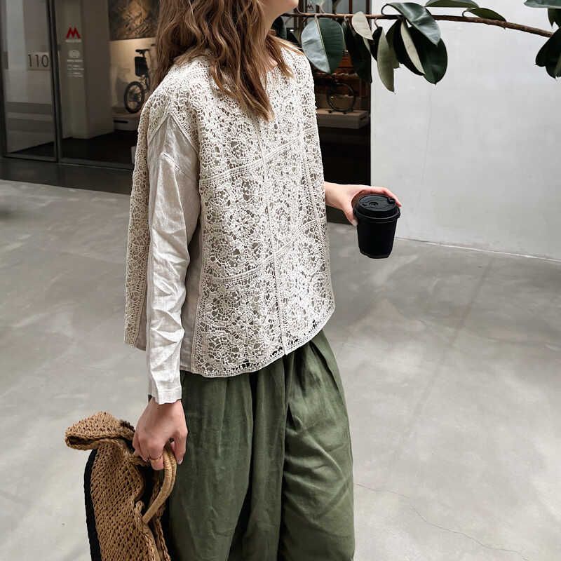 

Classy Design Niche Style Heavy Industry Knitting Patchwork Retro Hook Flower Cut Out Loose Plus Size Long Linen Sleeves Shirt Hemp color
