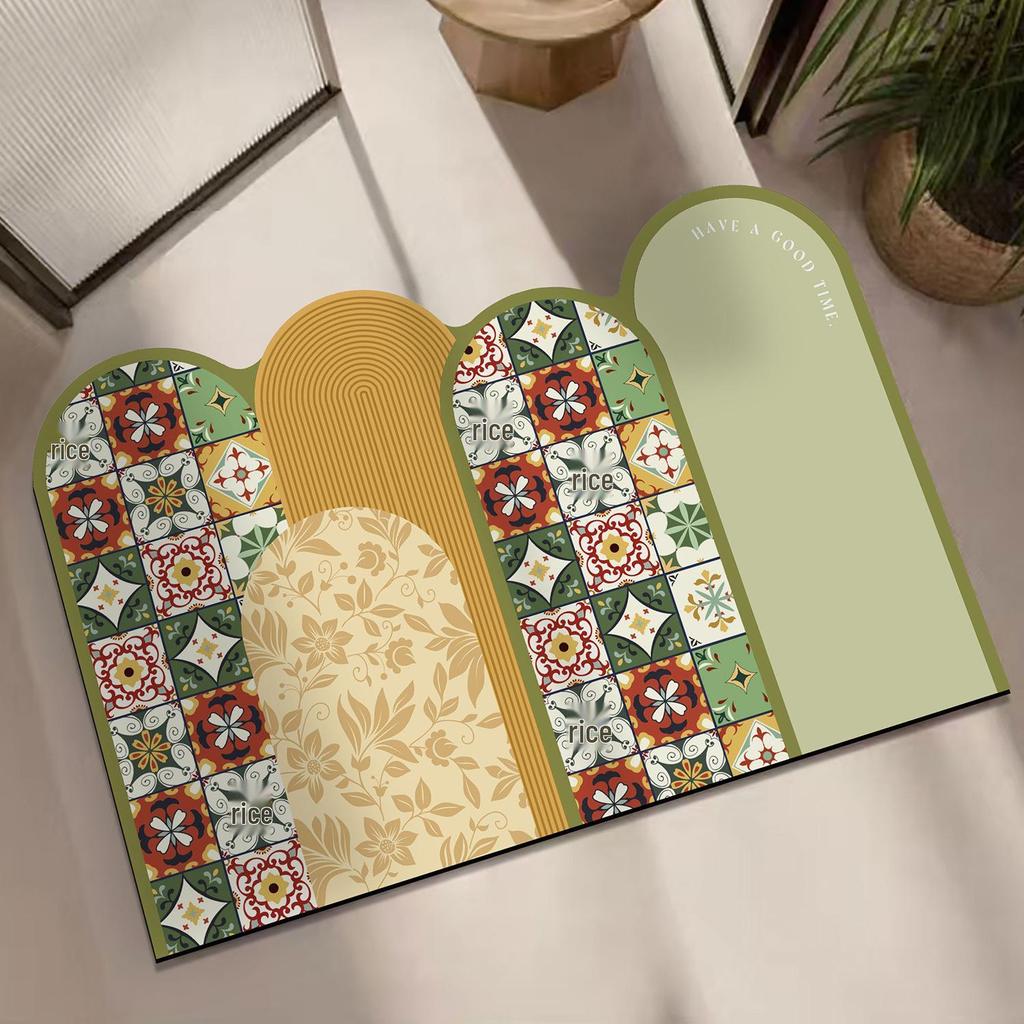 Retro Flower Tile Pattern Bathroom Floor Mat - Wear-Resistant, Dirt-Resistant, Non-Slip, Absorbent Diatomaceous Earth Mat