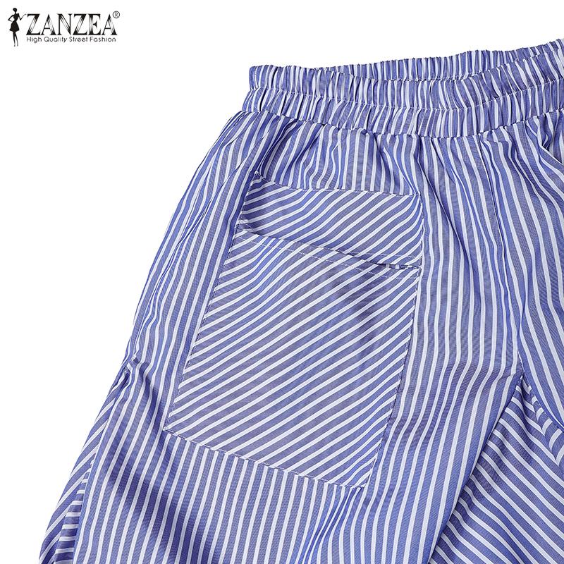 ZANZEA Dame Casual Elastisk Midje Løse Capri Bukser med Stripetrykk