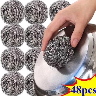 48Pcs Stainless Steel Cleaning Ball Steel Wire Ball Household Kitchen Washing Pots Pans Dishes Remove Dirt Rust Scrubbing Tool