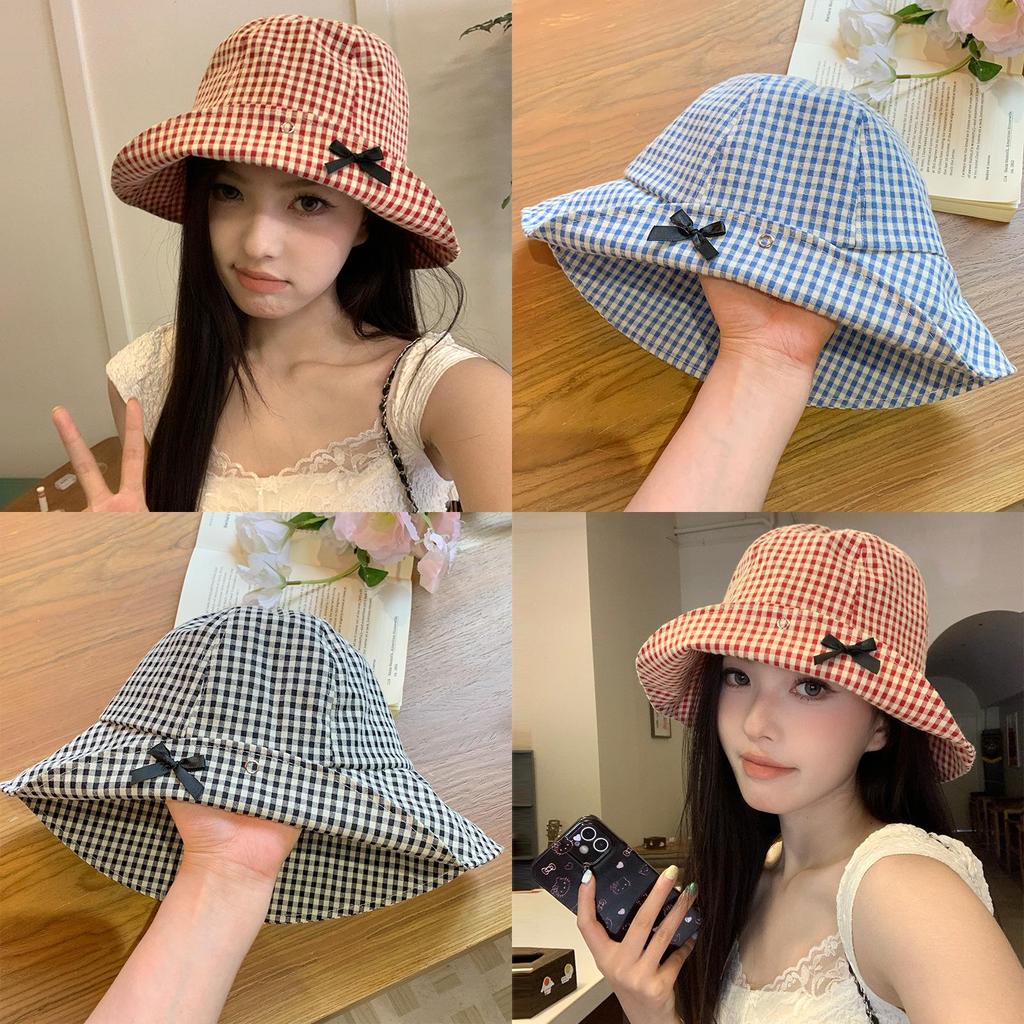 Stylish Korean Checkered Bowknot Fisherman Hat For Women Ideal For Summer Travel And Sun Protection