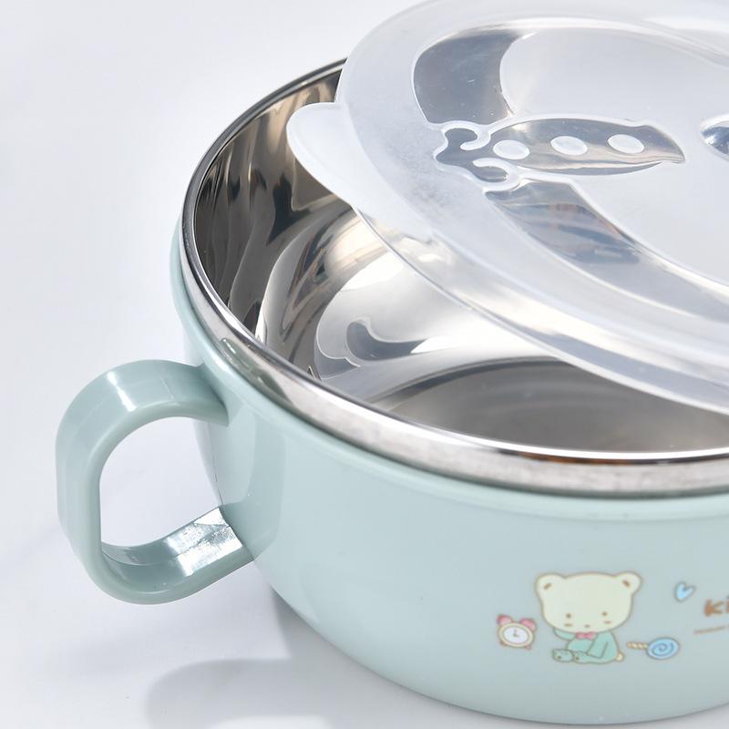 Stainless Steel Insulated Baby Bowl with Lid and Spoon - Double Handle Cartoon Design