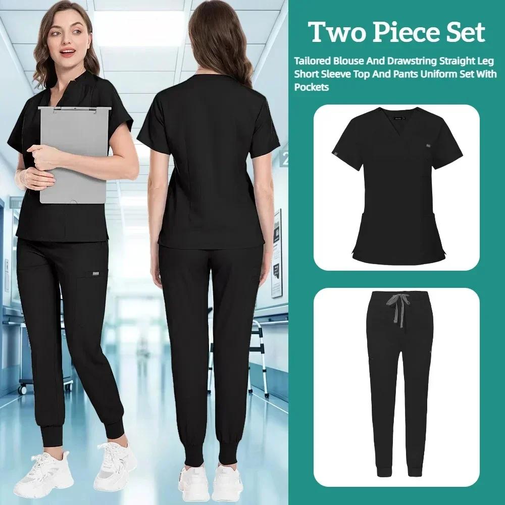 Zdravotnický uniformní oblek Krátký rukáv V-výstřih Topy+jogger kalhoty Set Ošetřovatelská uniforma Dámská Vícebarevná Pet Doctor Scrub Lékařské pracovní oblečení
