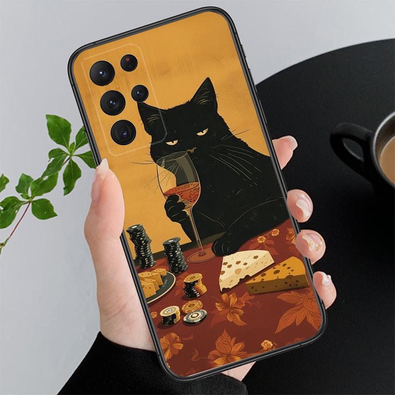 

Phone Case For Samsung A55 A16 A56 A36 A35 A15 A53 A54 A33 A34 A25 A05S A52 A52S A14 A26 A71 Drinking Wine Cat A52S