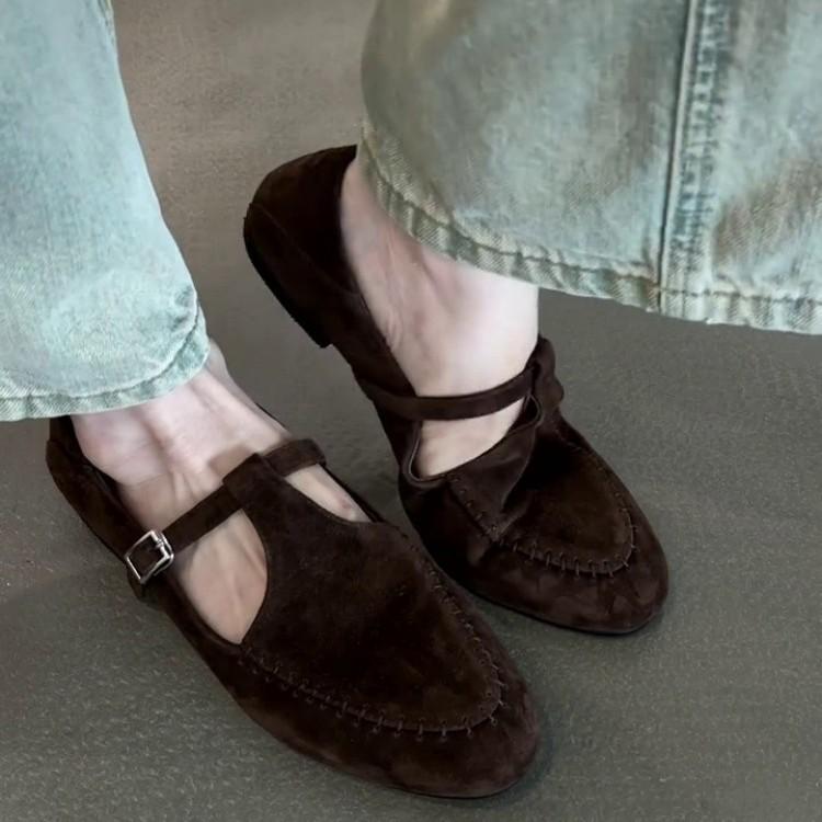 Sheepskin version~ French retro round head suede Mary Jane single shoes women's 2025 new two-wear light mouth flat-soled single shoes