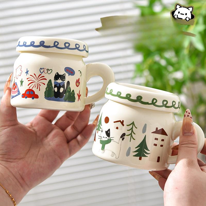 Cat Ceramic Cup with Lid Mug Girl Cute Literary Milk White Small Drinking Water Cup Office Worker Coffee Cup