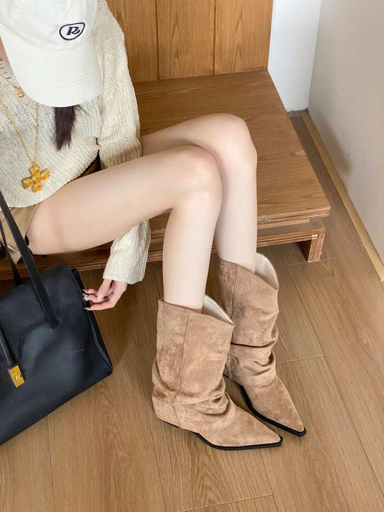 2025 spring new pointed retro suede design pleated piled boots soft leather thin trouser leg boots women