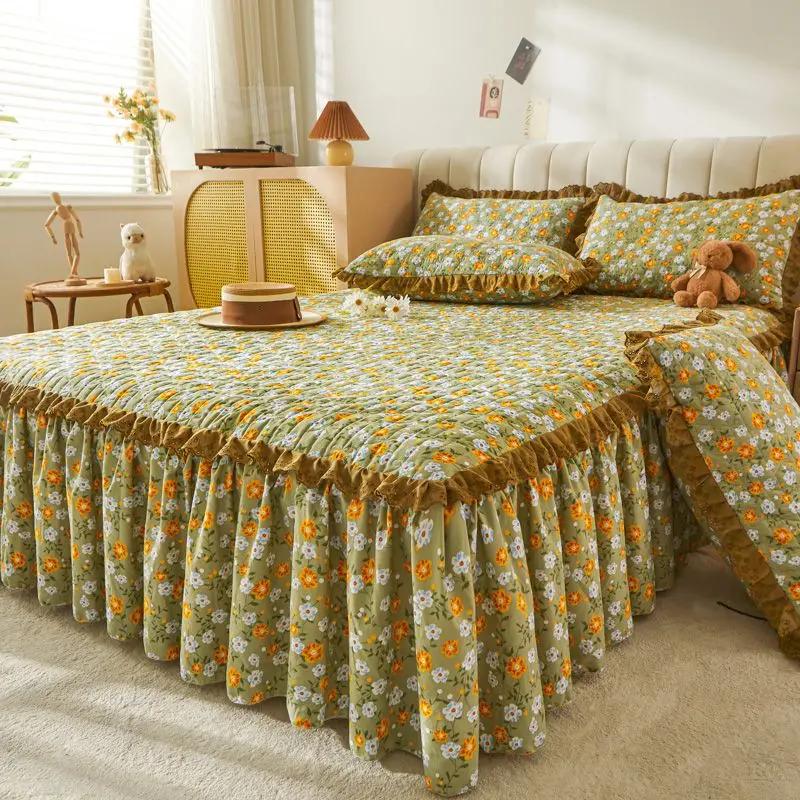 3pcs Floral Pattern Cotton Bed Skirt Seasonal Universal Thick Bed Sheets Ruffle Edge Skirt Hem Anti Slip Dustproof Bedspread