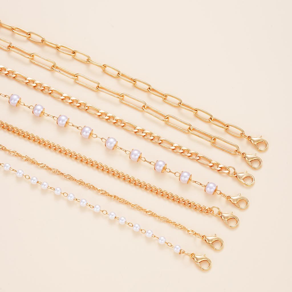 7Pcs/Set Bohemian Bracelet For Women Punk Style Cold Color Pearl Metal Multi-layer Hollow Twisting Snake Chain Simple Jewelry