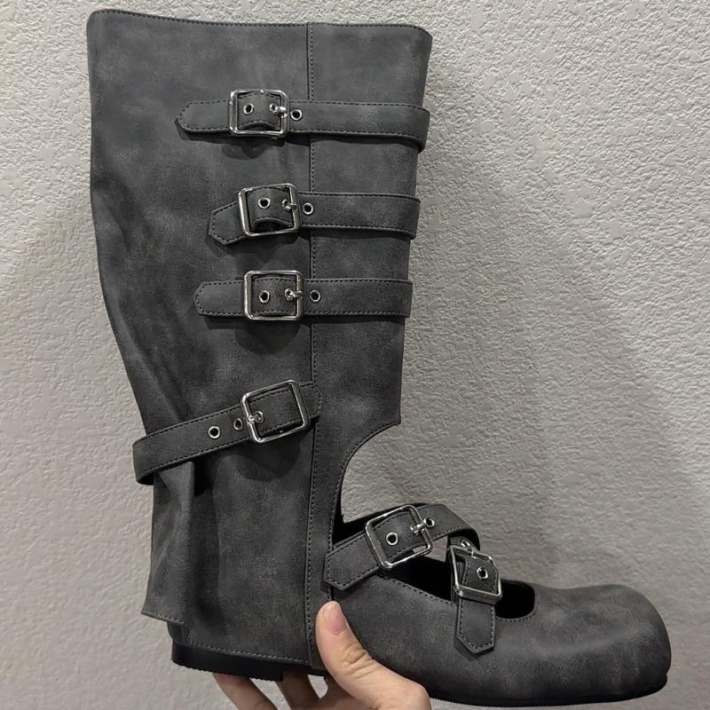 Summer Thin Boots Women's Flat Bottom Hollow Ballet Boots Punk Handmade Boots Spice Girl Leather Medium Boots Women's Boots