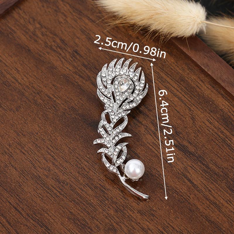 

1PC Pearl Vintage Irregular Shaped Party Enamel Elegant Feather Brooch Fashion Accessory Pin with Rhinestones Gifts Unisex