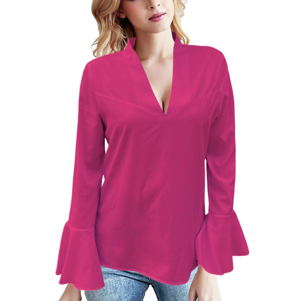 HNXC Women's Autumn Collection: Low-cut, Rhinestone, High-neck, Solid-color Lotus Leaf Long-sleeved Shirt for Women