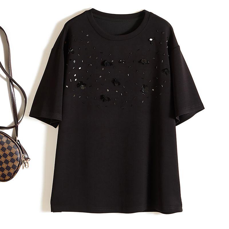 

Handmade Sewing Luminous Sequins! Ozhouzhan Neutral Women round Neck ICE Cotton Summer Long New T-shirt Sweat-Absorbent Black L