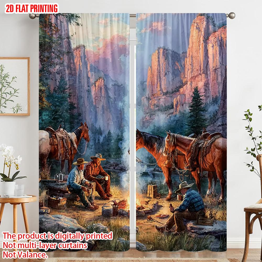 2pcs   plane printing Curtains Digital Printed Cowboy and Horse Polyester Easy Install (without rod) Art Deco Festive Use for