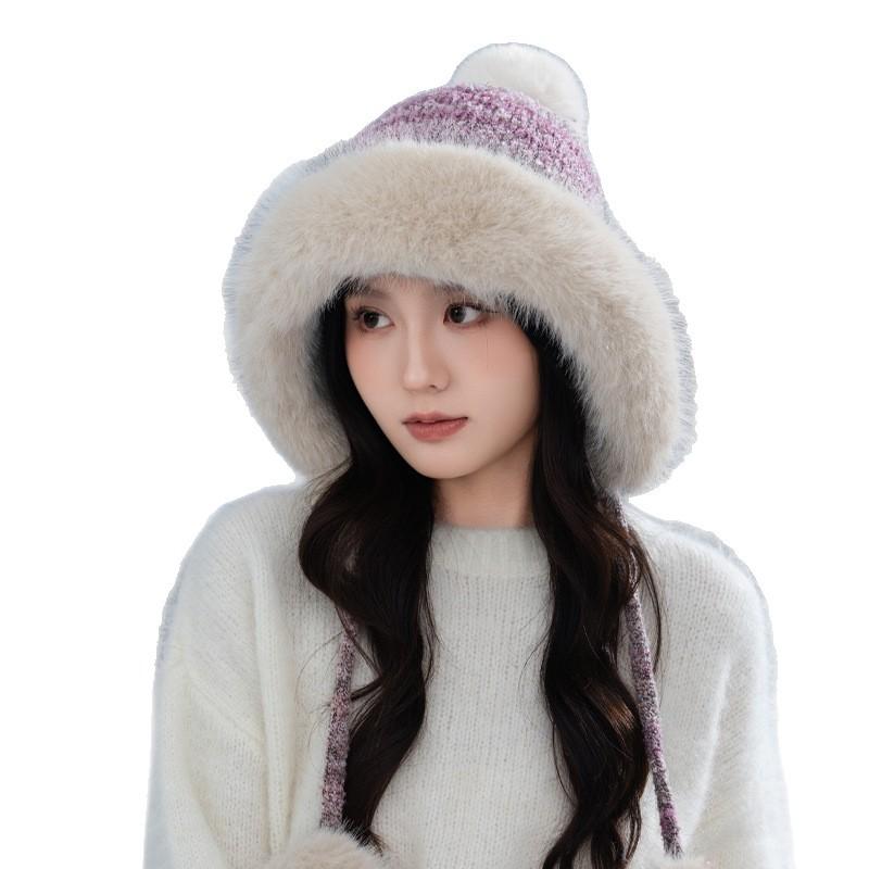 Cute Fur Ball Plush Warm Hat In Autumn and Winter Versatile National Style Plus Velvet Thickened Pullover Hat Outdoor Cold Proof Ear Protection Hat