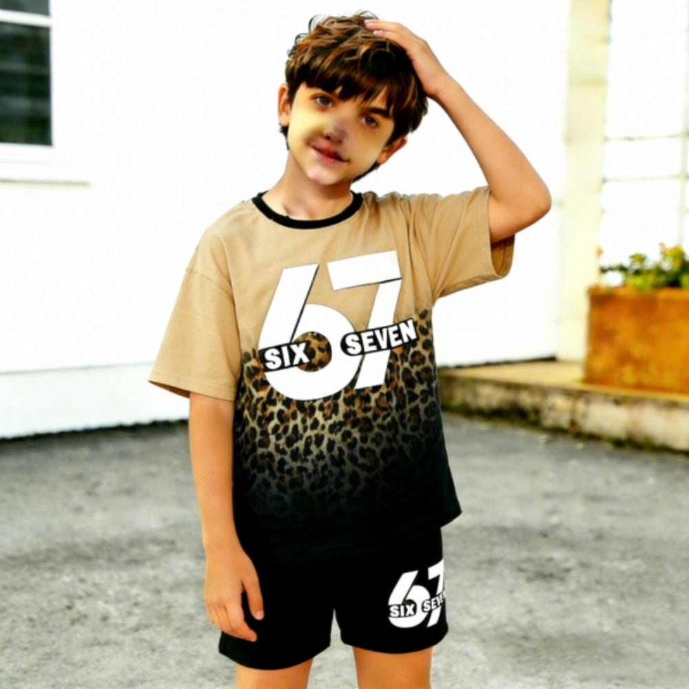 Fashion 67 Leopard Colorful Gradient Printed Kids T-shirt and Shorts 2 Piece Set Summer Casual Outfit for Boy's and Girl's Kids Clothing Top