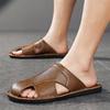 Men Slippers Handmade Simple Flats Brown Leather Sandals Black Summer Roman Sandals Closed Toe Beach Shoes Plus Size