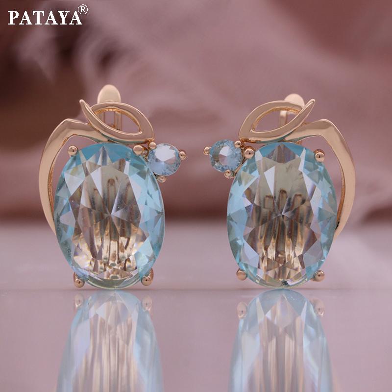 PATAYA Rose Gold Color Micro-setting Process Aquamarine Color Artificial Zircon Earring Ring Combo Set