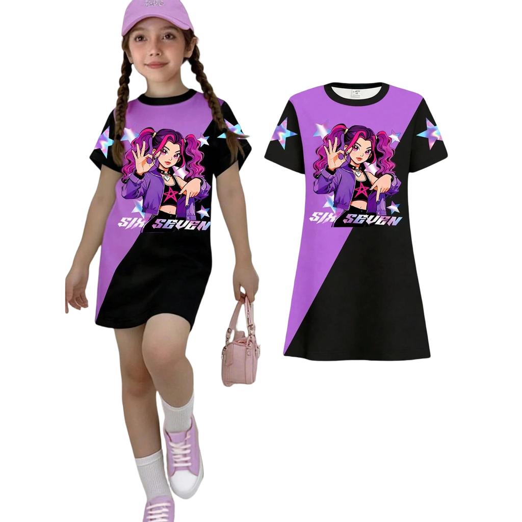 Girls Print Casual Dress Kids Loose Round Neck Short Sleeve Thin Sundress