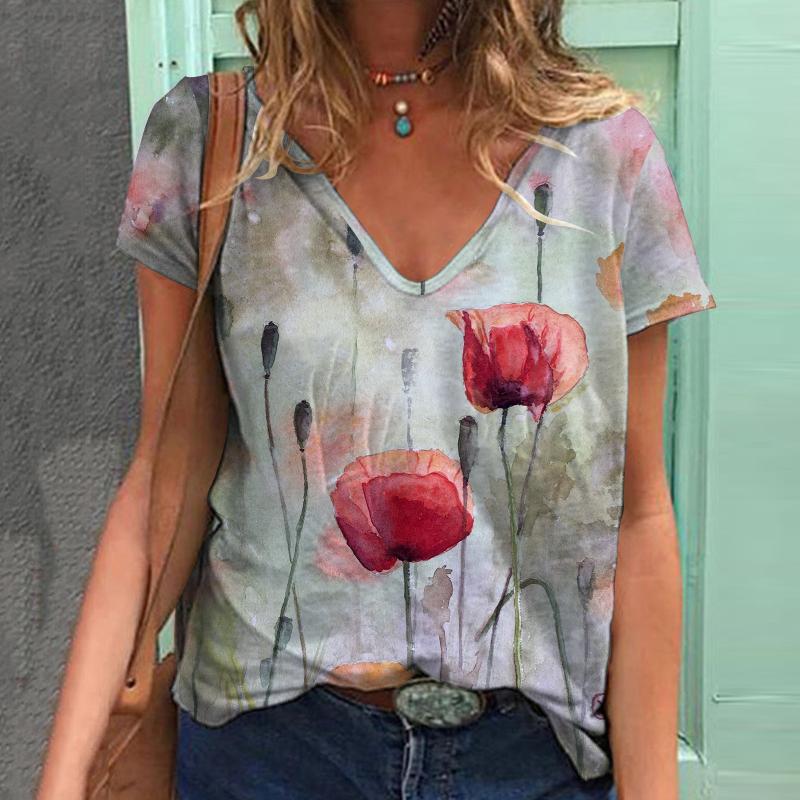 New Oil Painting Flower Floral 3D Print T-Shirts Women Streetwear V-Neck T Shirt Oversized Harajuku Y2k Tops Tees Woman Clothing