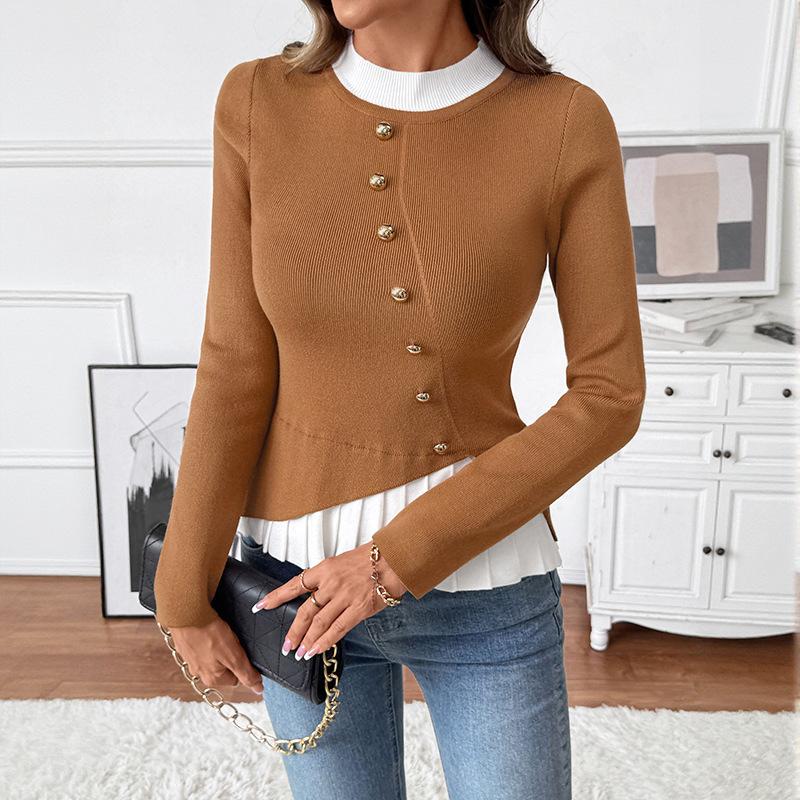 Autumn Winter Casual Fashion Patchwork Pleated Knitting Top Women Elegant Buttons Bottomed Sweater Top