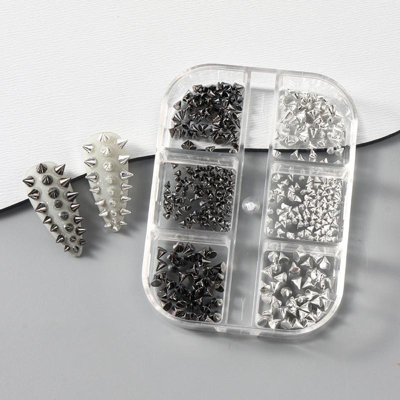 6 Grids Y2K Punk Metal Rivet Nail Charms Cone Mixed Sized Black Silver Nail Art Studs 3D Stylish Alloy Spike For Diy Nails Decor