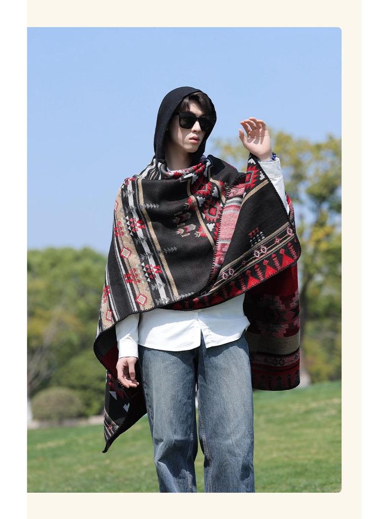 Ethnic Hooded Cape Shawl - Unisex Warm Travel Outerwear Cloak