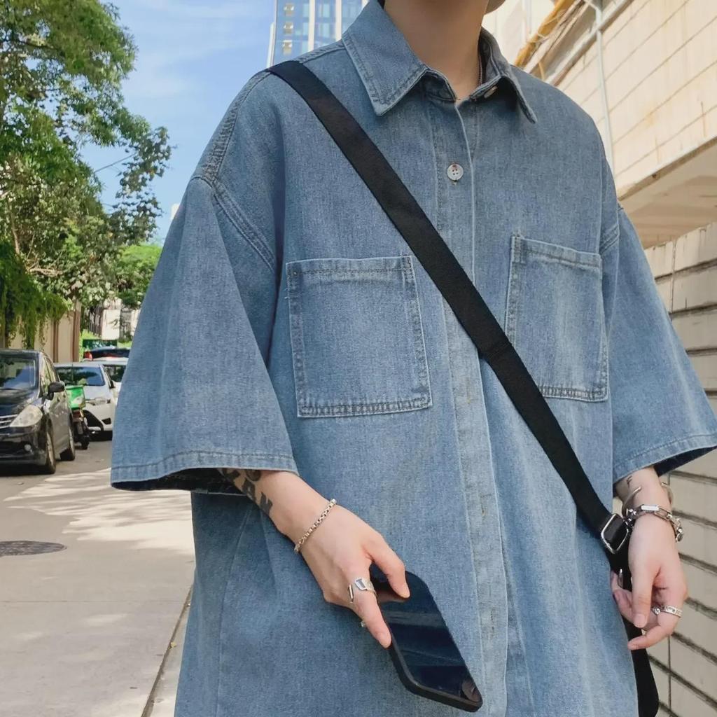 Men's Japanese-Style Distressed Denim Short-Sleeve Shirt with Double Pockets