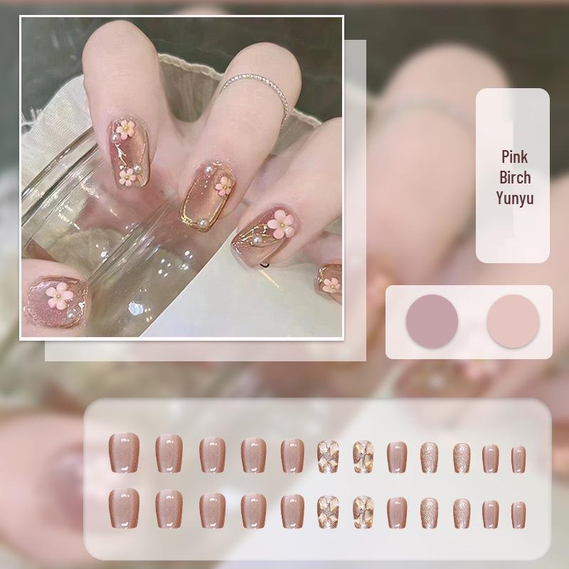 Cat Eye Press-On Nails: Luxurious Nail Art Tips with Stone Glass Beads In Long & Short Whitening Styles