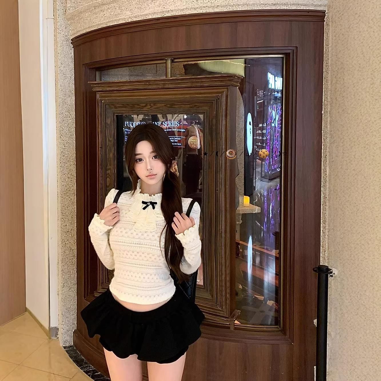 Elegant Lace Top for Petites: Bow & Ruffle Collar, White French Style Small слоновая кость/белый