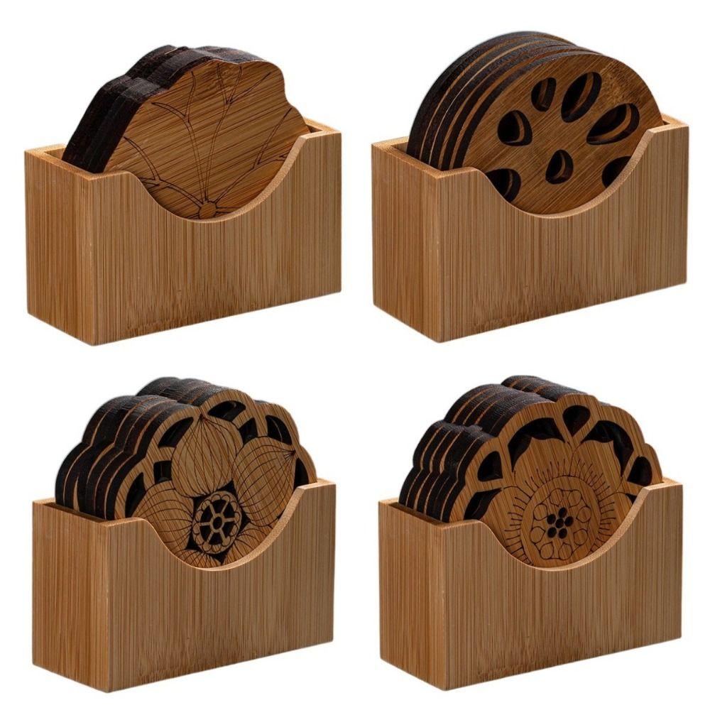 6 Stück/Set Lotusblume Holz Rund Tassenuntersetzer Chinesischer Stil Teetassen Untersetzer Esstischmatte Küche