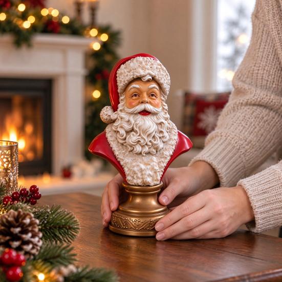 Pevná pryskyřice Vánoční dekorace Santa Claus Busta Soška, Hlava s Vintage Zlatou Uměleckou Soškou pro Sváteční Displej Základna, Stolní Figurka, Krbová Polička