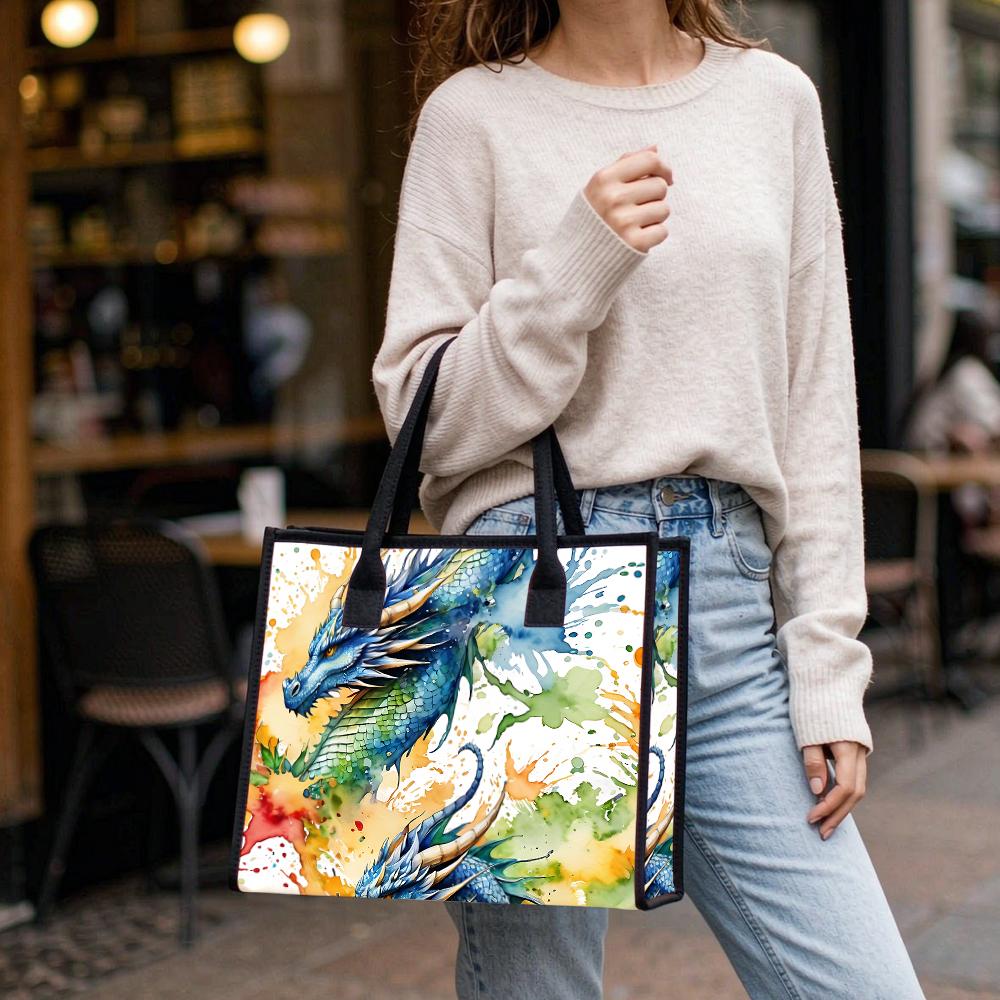 Watercolor Dragon Printed Fashion Handbag Casual Daily Tote Bag Portable Lightweight Shopping Bag Stylish Carryall for Women Outdoor Use