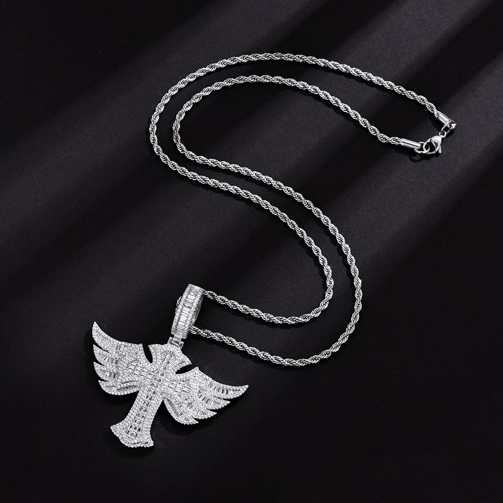 Angel Wings Cross Diamond Pendant Fashion Personality Trendy Men Zircon Jewelry Hip Hop Twist Chain