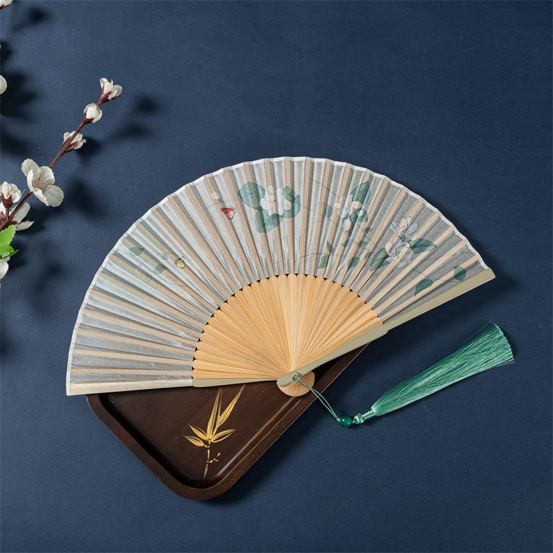 Chinese Style Bamboo Folding Hand Fan Classical Green Lotus Cheongsam Dance Fan Wedding Party Decor Art Craft Chinese Dance Fan
