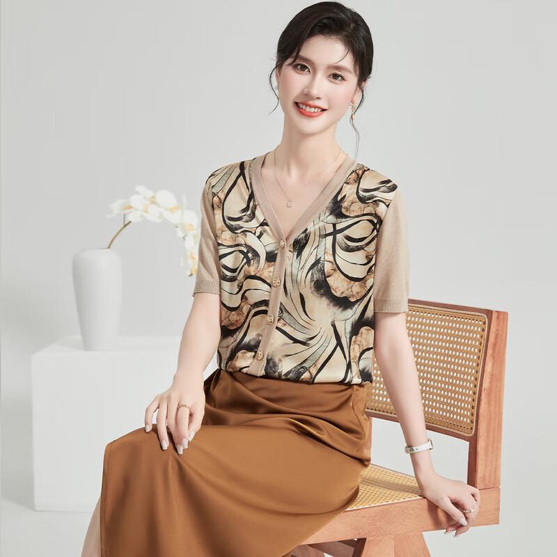 Jinjv Women s Retro Floral Mulberry Silk Blend V-Neck Knit Cardigan M