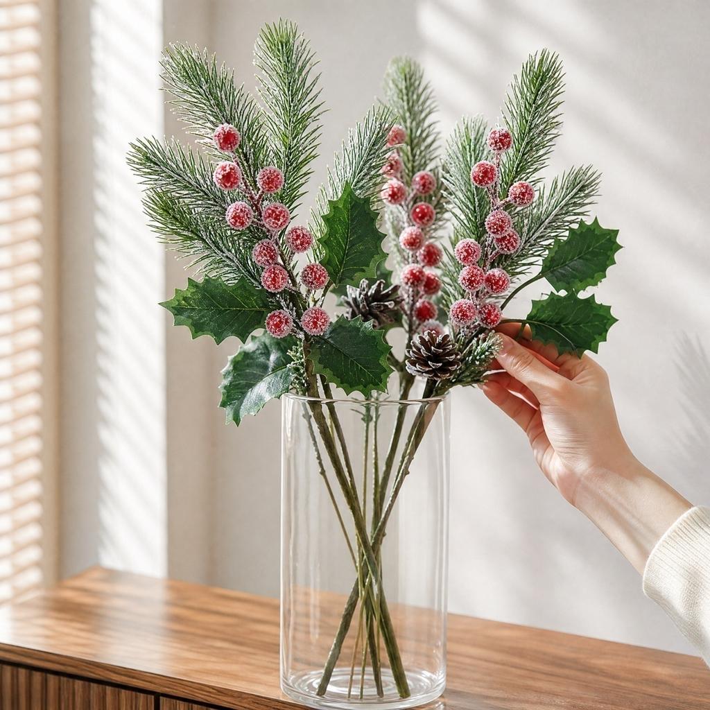 4 Pack Artificial Frosted Branches with Pinecones, Berries and Christmas Leaves for Holiday Home Decor