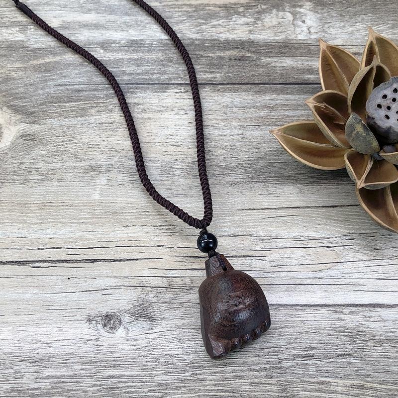 Retro Hand-carved Mahogany Long Necklace Women's Fashion Temperament Cotton and Linen Clothing Sweater Chain Accessories