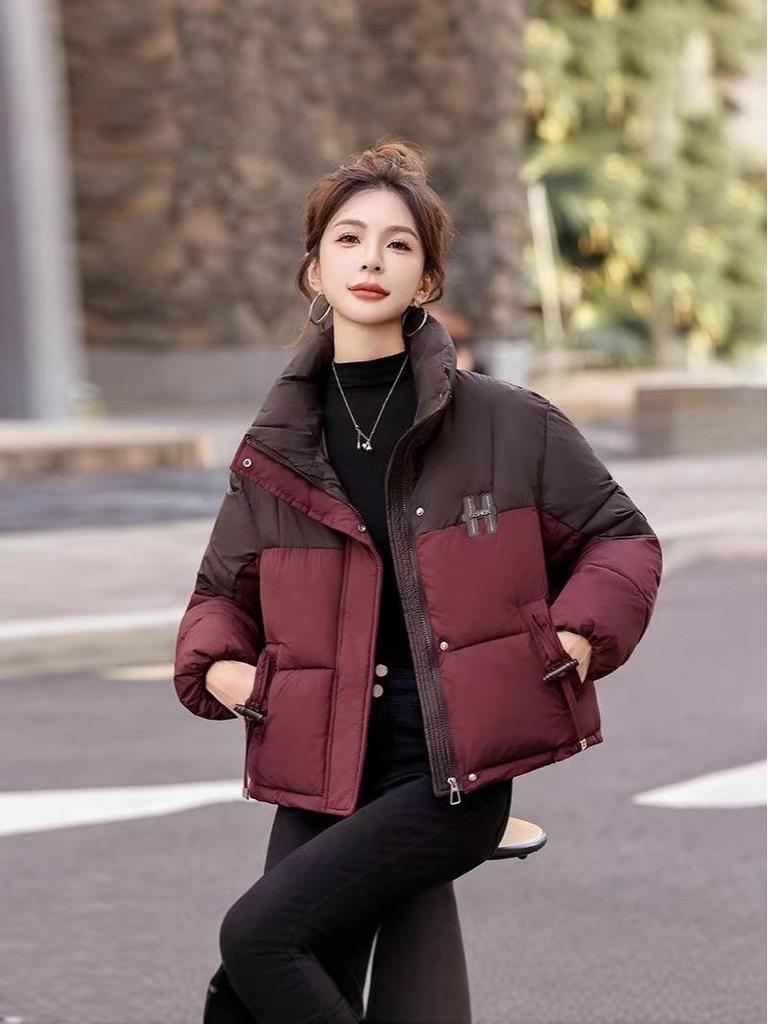 Women's 2025 Winter Fashion Slim Color Block Cotton Coat - Small Size, Thick, and Warm