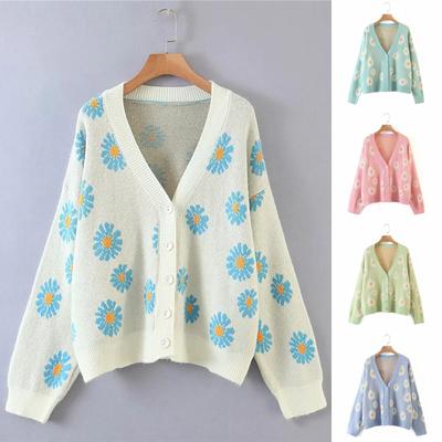 Women's Autumn And Winter Fashion Flower Cardigan Sweater V-neck Long-Sleeved Sweater Women