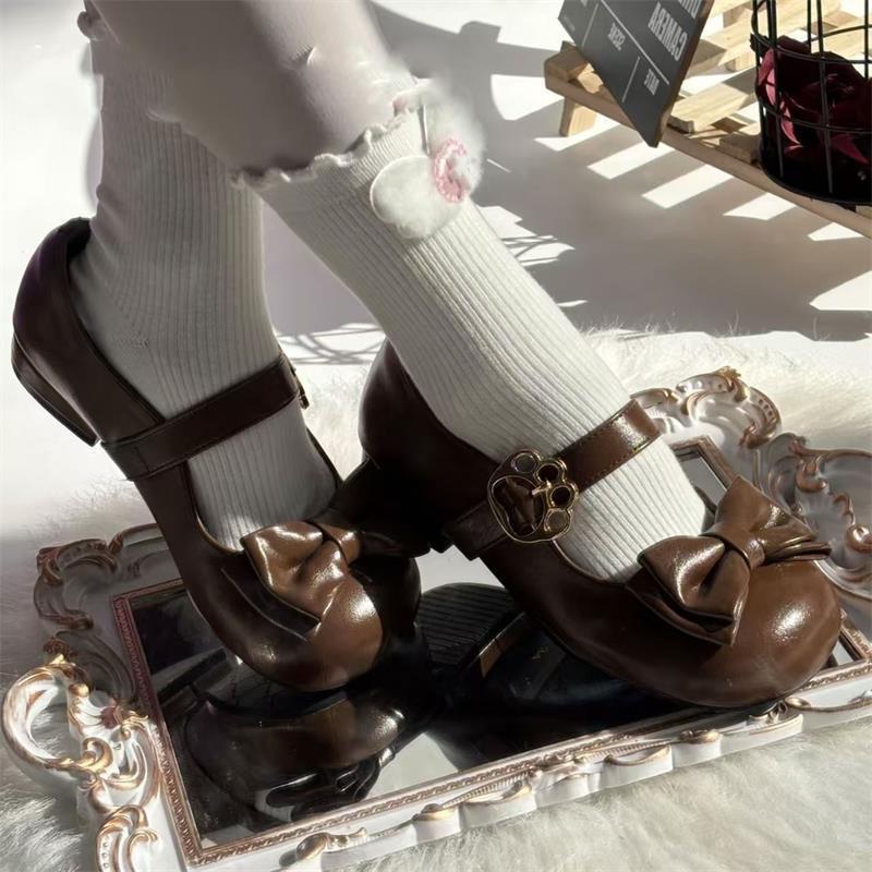 Round Head Lolita Shoes Low Heel Women's Single Shoes Bow Sweet and Cute Kapibara Jk Uniform Shoes with Skirt